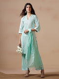 Women Poly Cotton Green Yarn Dyed Kurta Comfort Pant Dupatta.