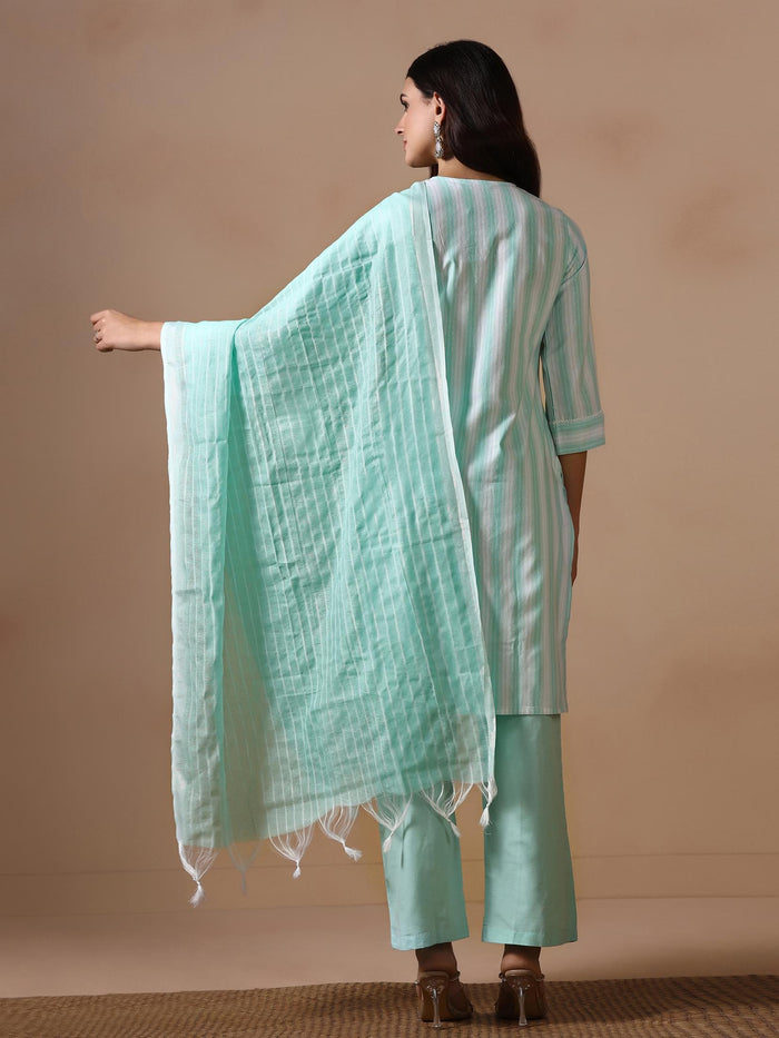 Women Poly Cotton Green Yarn Dyed Kurta Comfort Pant Dupatta.