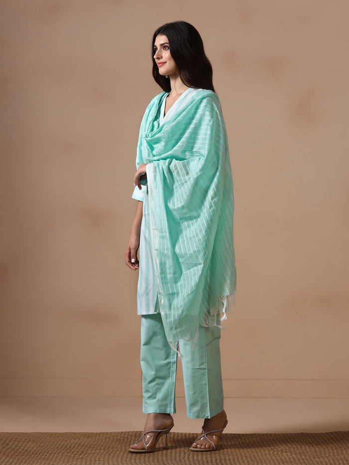 Women Poly Cotton Green Yarn Dyed Kurta Comfort Pant Dupatta.