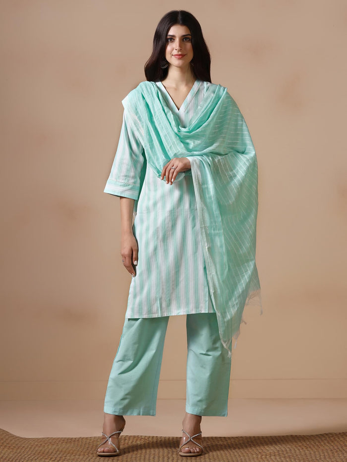 Women Poly Cotton Green Yarn Dyed Kurta Comfort Pant Dupatta.