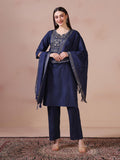 Women Poly Cotton Navy Blue Embroidered Kurta Comfort Pant Dupatta.