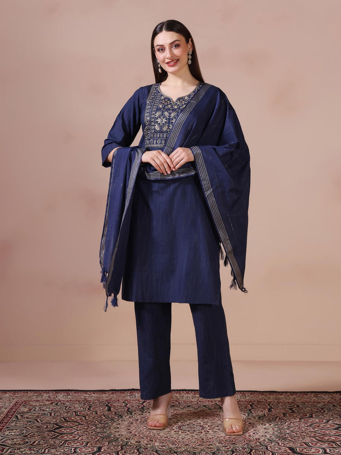Women Poly Cotton Navy Blue Embroidered Kurta Comfort Pant Dupatta.