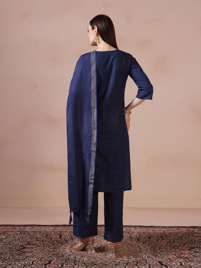 Women Poly Cotton Navy Blue Embroidered Kurta Comfort Pant Dupatta.