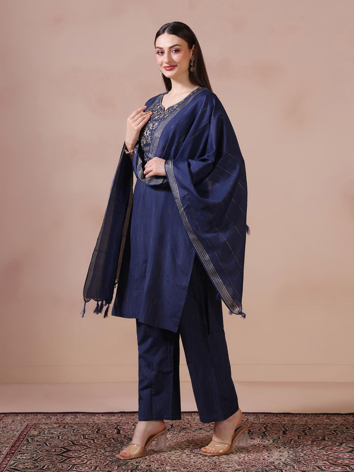 Women Poly Cotton Navy Blue Embroidered Kurta Comfort Pant Dupatta.