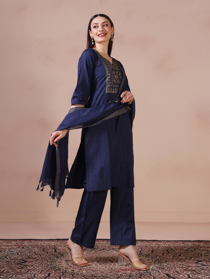Women Poly Cotton Navy Blue Embroidered Kurta Comfort Pant Dupatta.