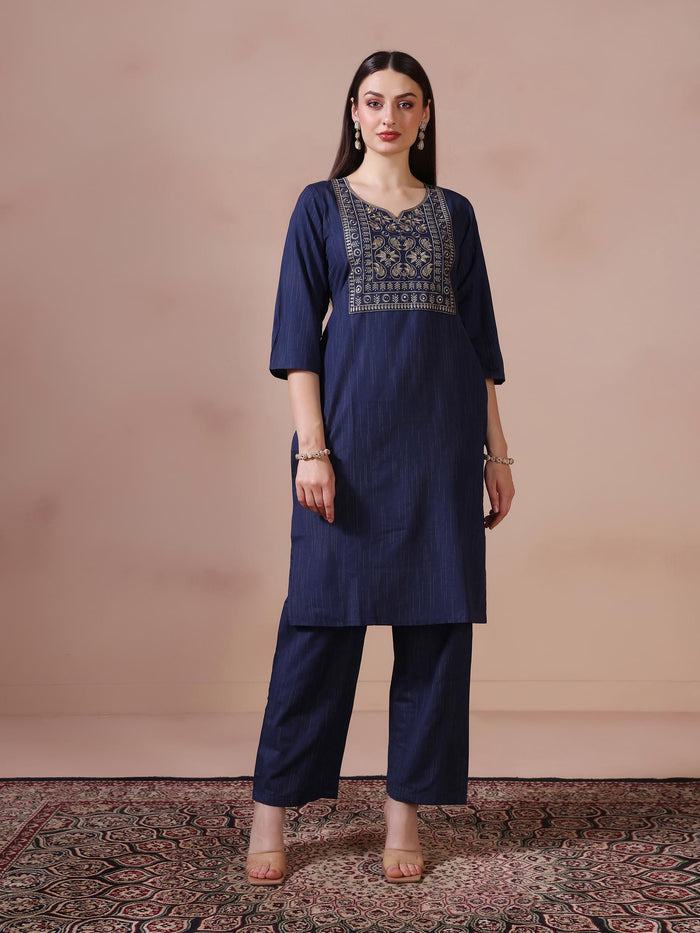 Women Poly Cotton Navy Blue Embroidered Kurta Comfort Pant Dupatta.