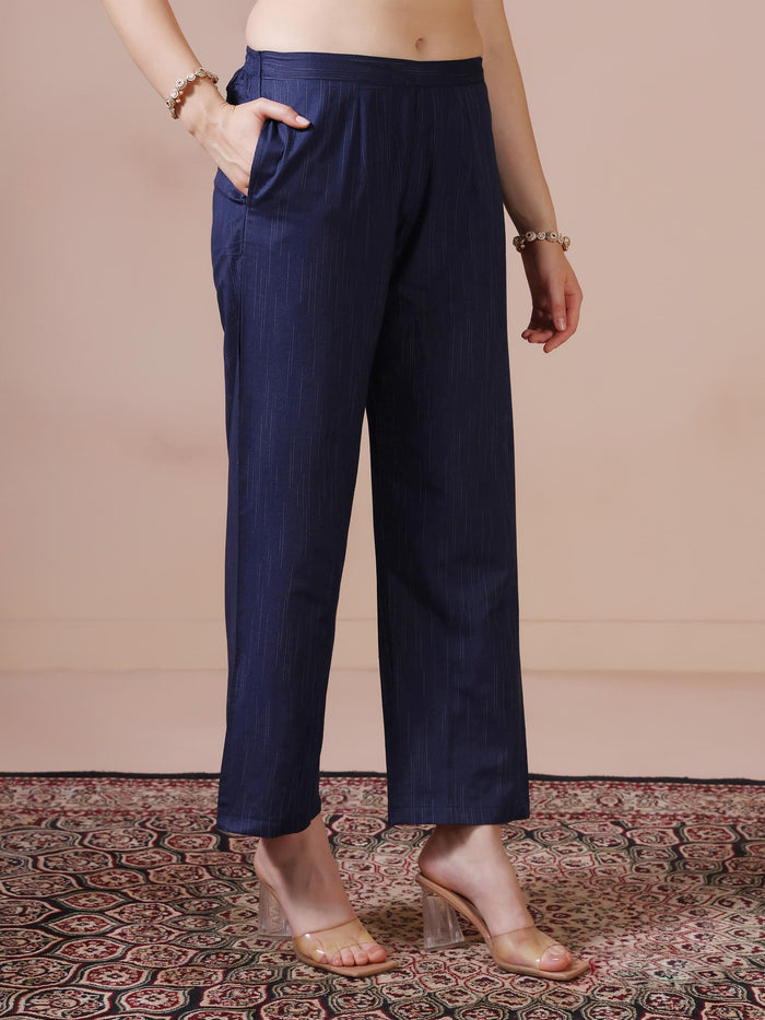 Women Poly Cotton Navy Blue Embroidered Kurta Comfort Pant Dupatta.