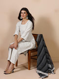 Women Poly Cotton Off White Yarn Dyed Kurta Comfort Pant Dupatta.