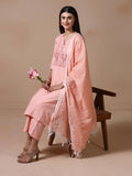 Women Poly Cotton Peach Embroidered Kurta Comfort Pant Dupatta.