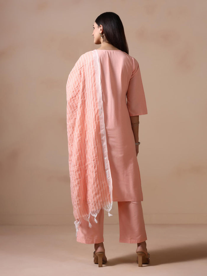Women Poly Cotton Peach Embroidered Kurta Comfort Pant Dupatta.
