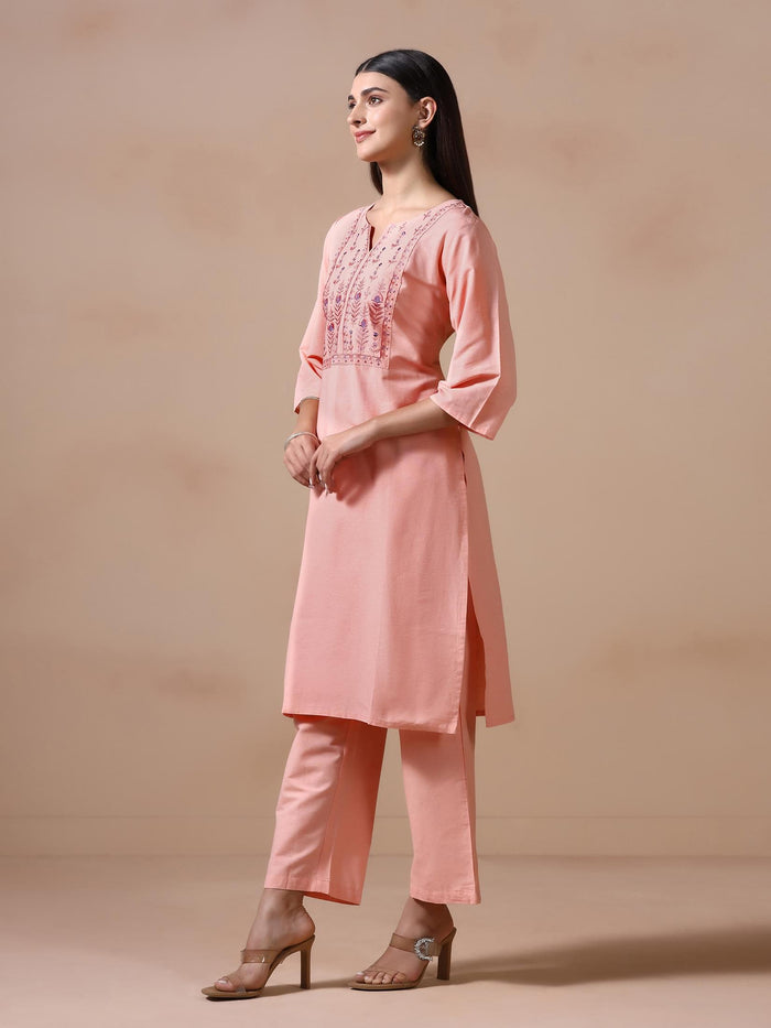 Women Poly Cotton Peach Embroidered Kurta Comfort Pant Dupatta.