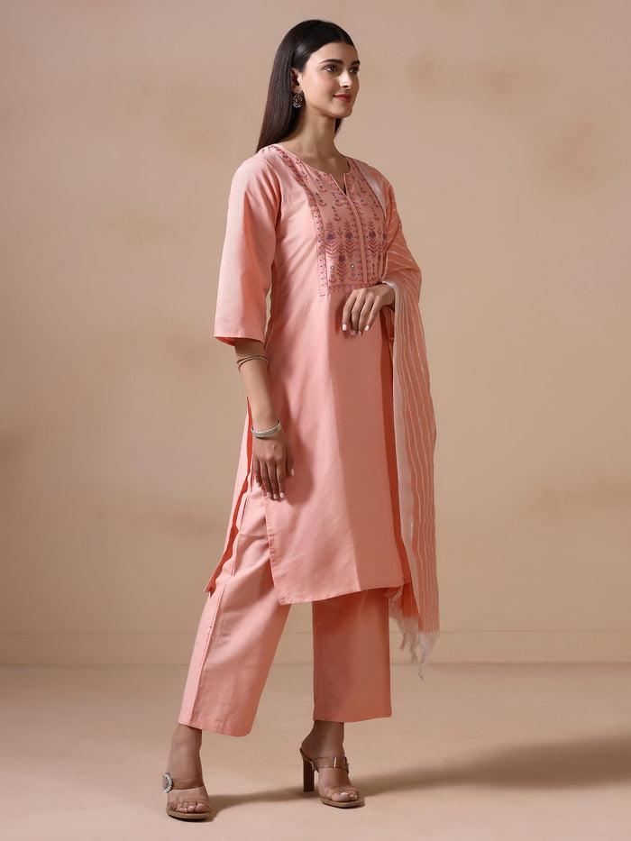 Women Poly Cotton Peach Embroidered Kurta Comfort Pant Dupatta.