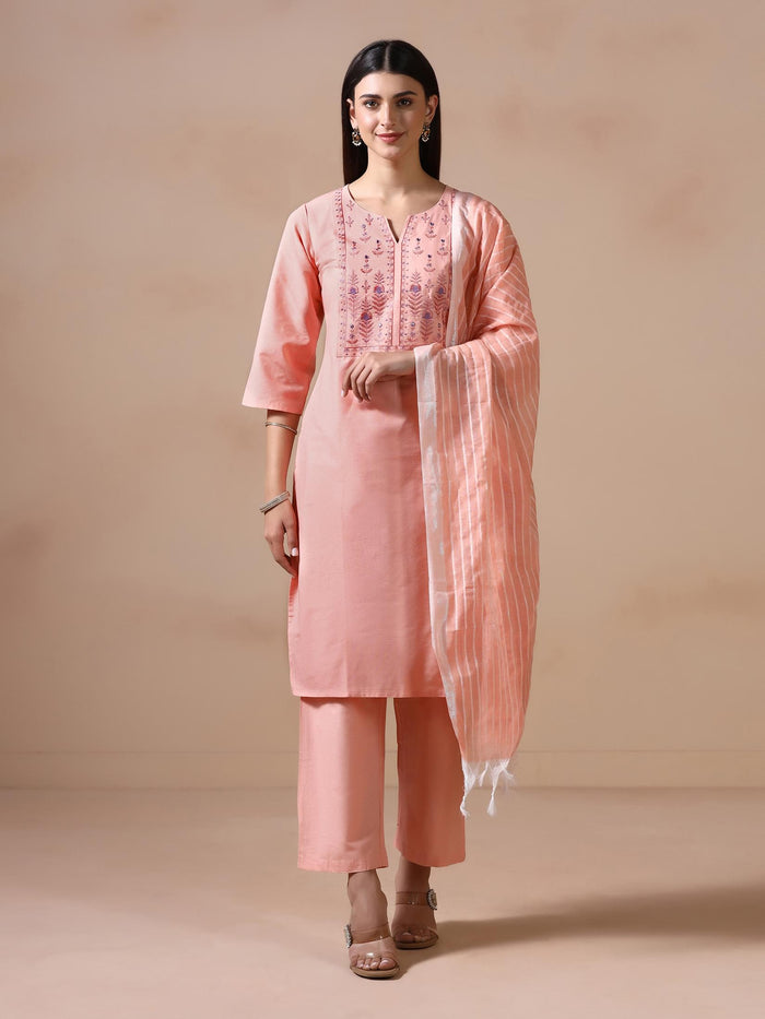 Women Poly Cotton Peach Embroidered Kurta Comfort Pant Dupatta.