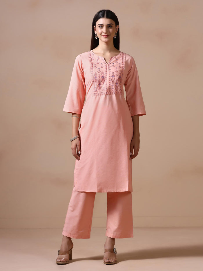 Women Poly Cotton Peach Embroidered Kurta Comfort Pant Dupatta.