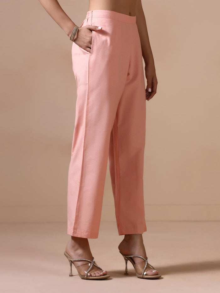 Women Poly Cotton Peach Embroidered Kurta Comfort Pant Dupatta.