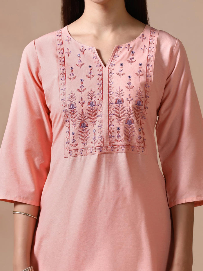 Women Poly Cotton Peach Embroidered Kurta Comfort Pant Dupatta.