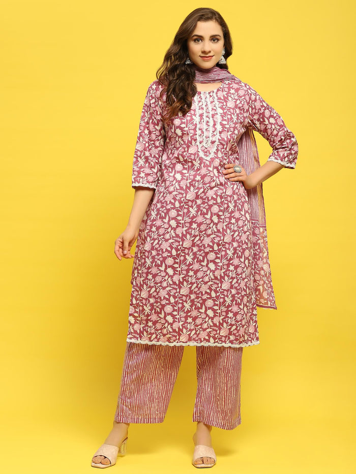Women Poly Cotton Pink Floral Print Kurta Comfort Pant Dupatta.
