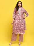 Women Poly Cotton Pink Floral Print Kurta Comfort Pant Dupatta.