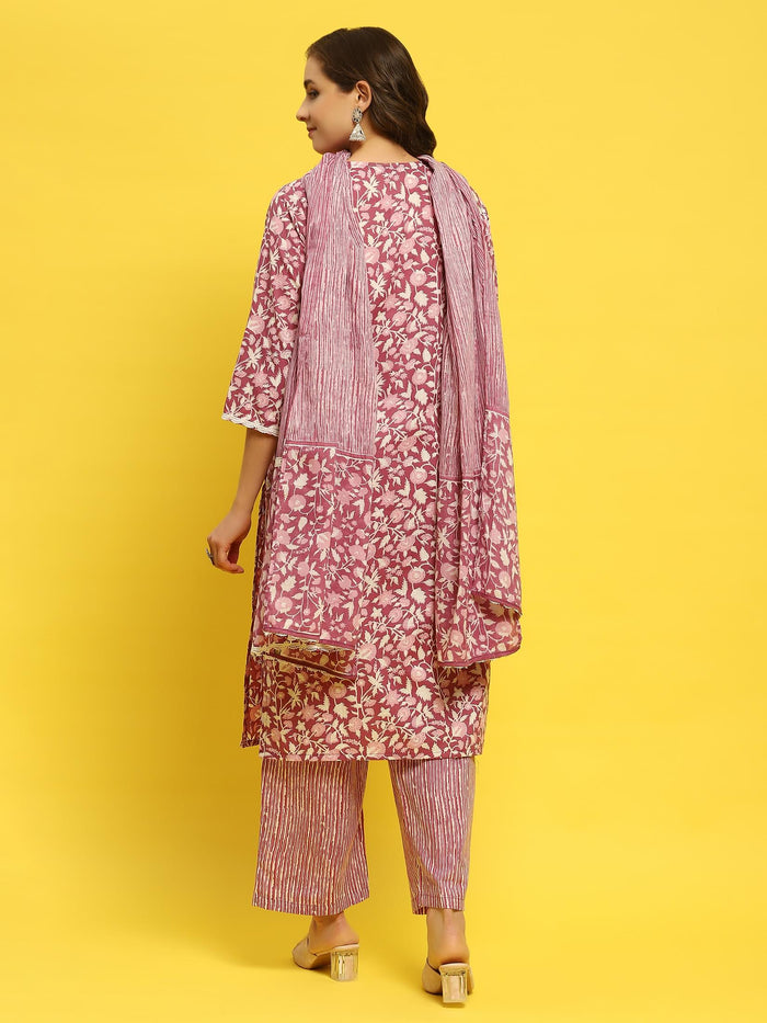 Women Poly Cotton Pink Floral Print Kurta Comfort Pant Dupatta.