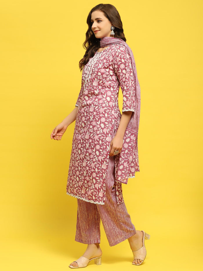 Women Poly Cotton Pink Floral Print Kurta Comfort Pant Dupatta.