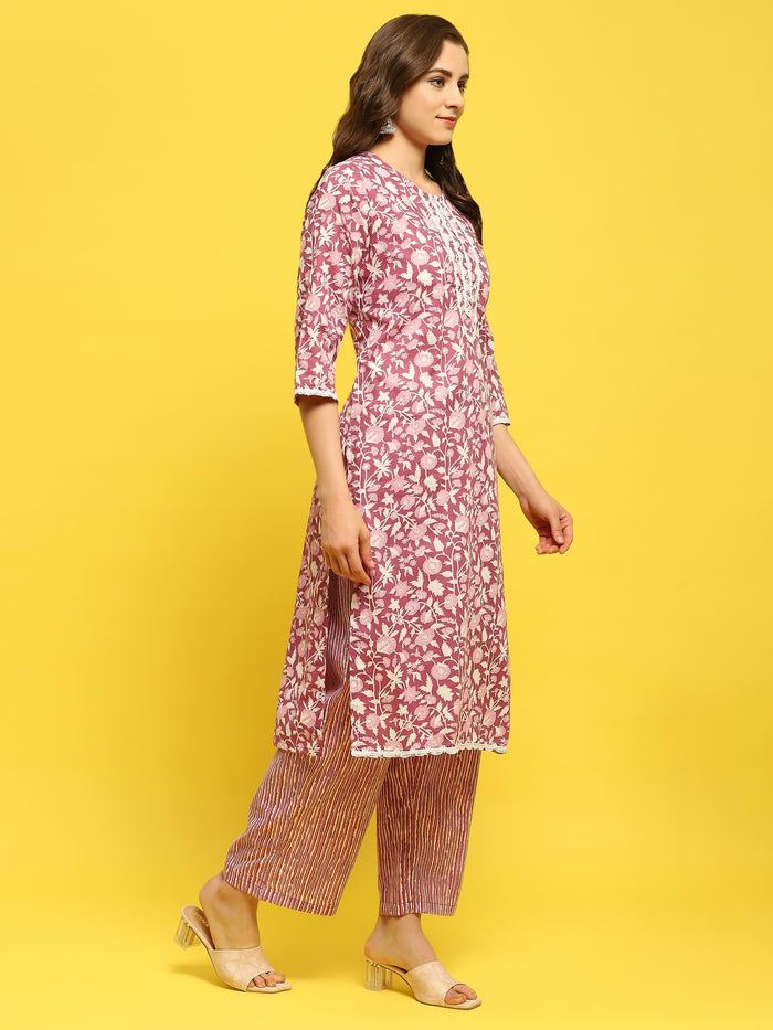 Women Poly Cotton Pink Floral Print Kurta Comfort Pant Dupatta.