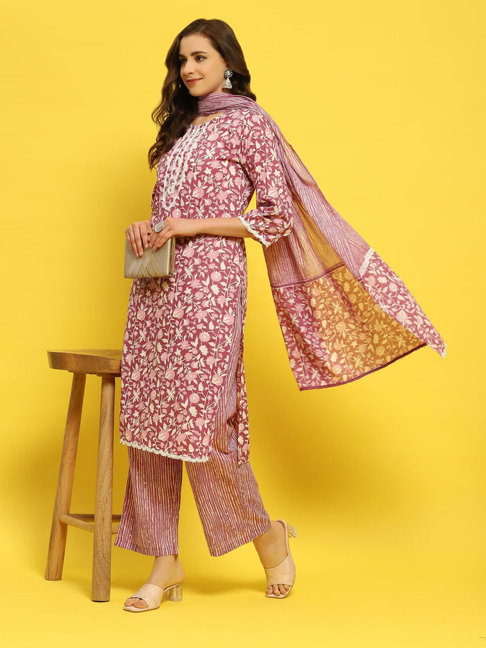 Women Poly Cotton Pink Floral Print Kurta Comfort Pant Dupatta.