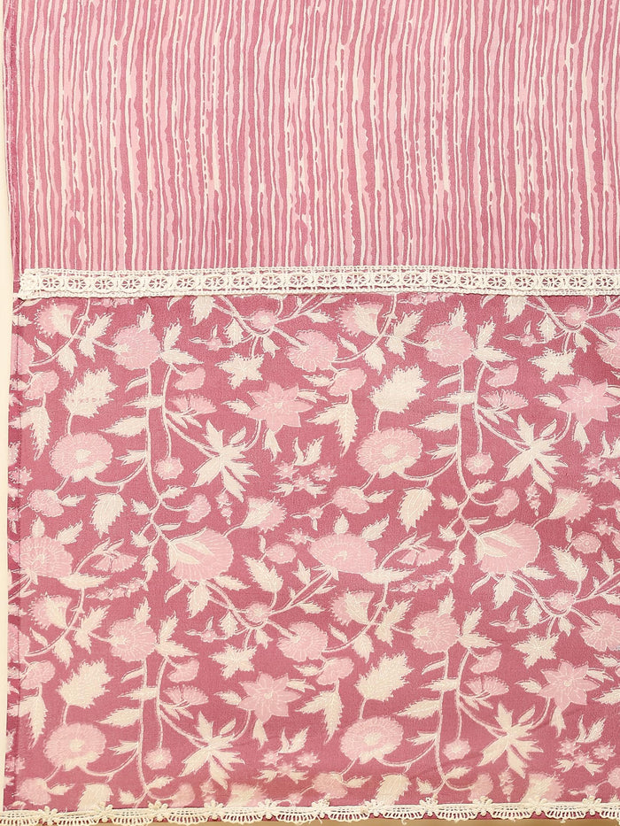 Women Poly Cotton Pink Floral Print Kurta Comfort Pant Dupatta.