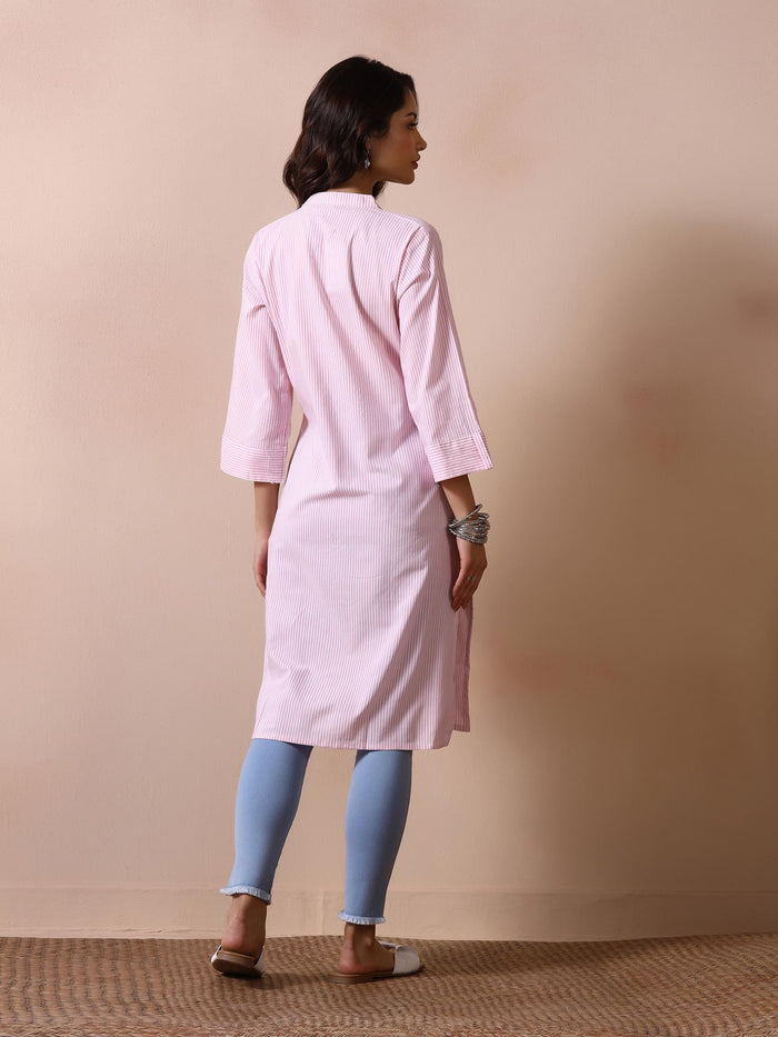Women Poly Cotton Pink Yarn Dyed Kurta.