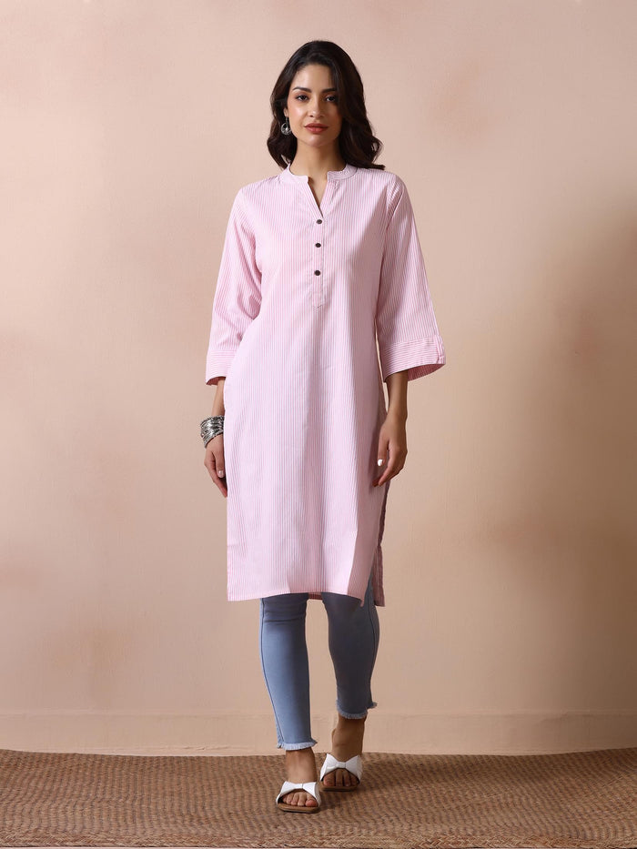 Women Poly Cotton Pink Yarn Dyed Kurta.
