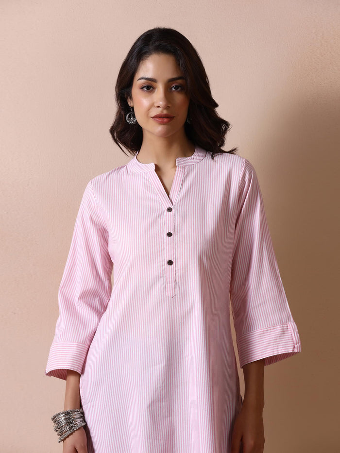 Women Poly Cotton Pink Yarn Dyed Kurta.