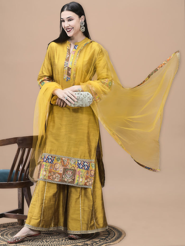 Women Poly Silk Jacquard Mustard Solid Kurta Sharara Dupatta.