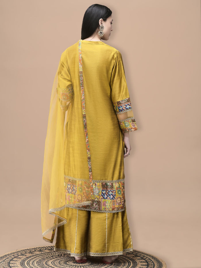 Women Poly Silk Jacquard Mustard Solid Kurta Sharara Dupatta.
