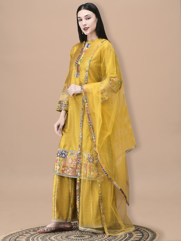 Women Poly Silk Jacquard Mustard Solid Kurta Sharara Dupatta.
