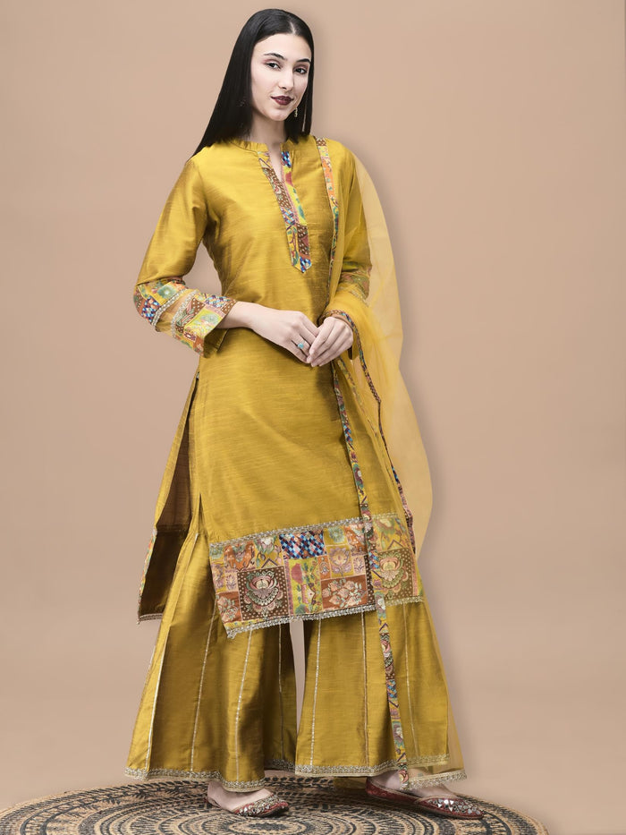 Women Poly Silk Jacquard Mustard Solid Kurta Sharara Dupatta.
