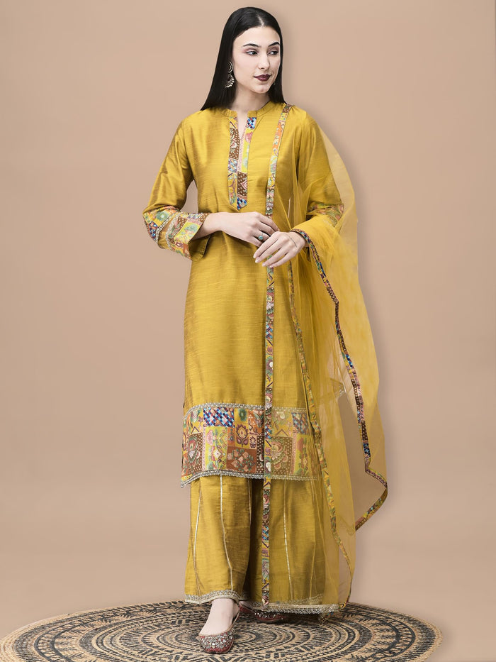 Women Poly Silk Jacquard Mustard Solid Kurta Sharara Dupatta.