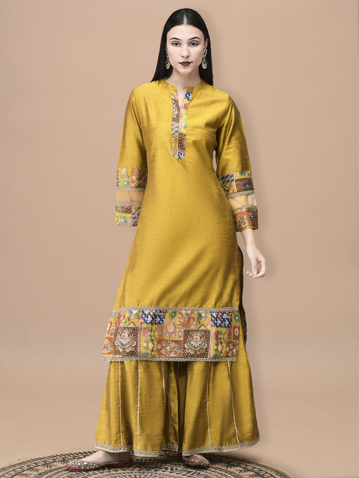 Women Poly Silk Jacquard Mustard Solid Kurta Sharara Dupatta.