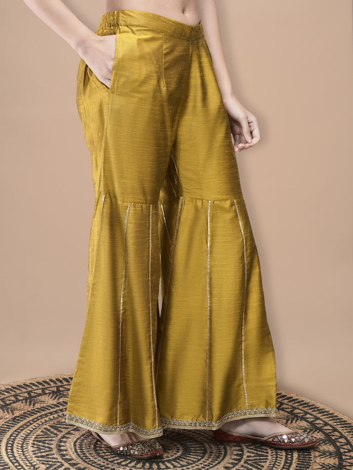 Women Poly Silk Jacquard Mustard Solid Kurta Sharara Dupatta.