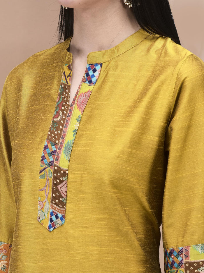 Women Poly Silk Jacquard Mustard Solid Kurta Sharara Dupatta.
