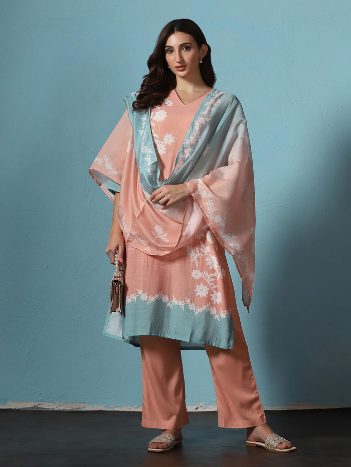 Women Poly Slub Peach Floral Print Kurta Comfort Pant Dupatta.