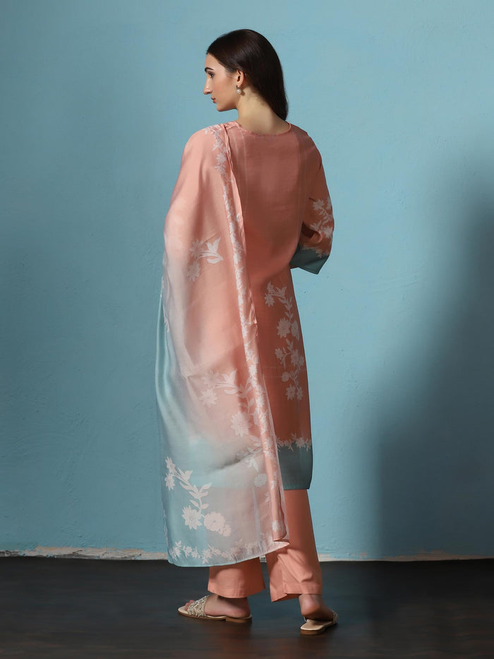 Women Poly Slub Peach Floral Print Kurta Comfort Pant Dupatta.