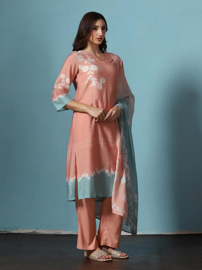 Women Poly Slub Peach Floral Print Kurta Comfort Pant Dupatta.