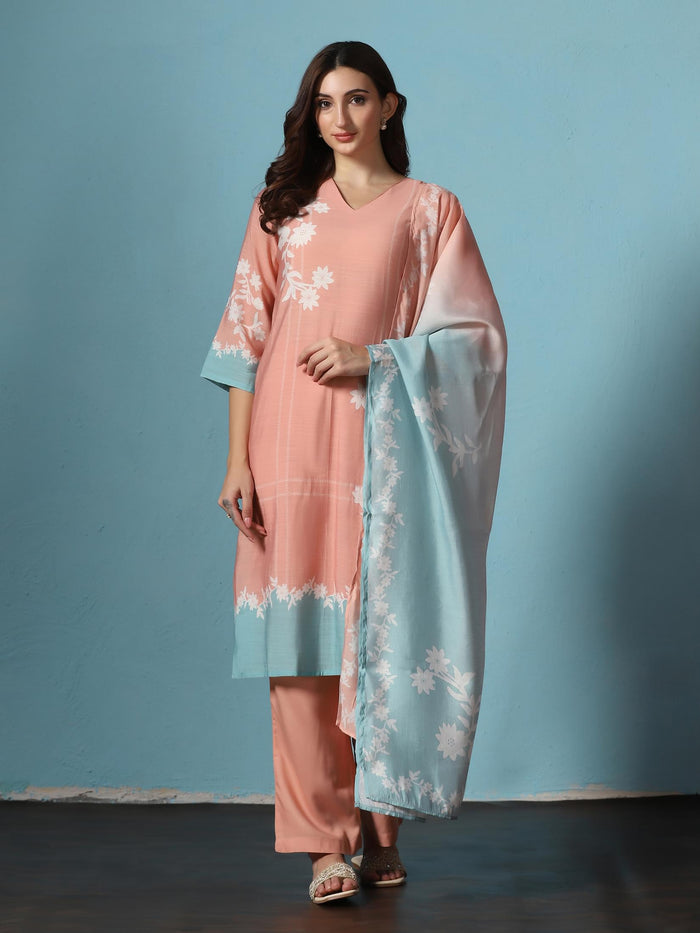 Women Poly Slub Peach Floral Print Kurta Comfort Pant Dupatta.