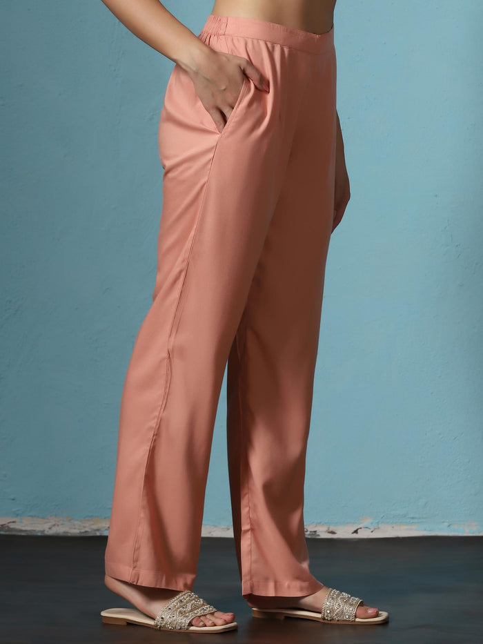 Women Poly Slub Peach Floral Print Kurta Comfort Pant Dupatta.