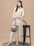 Women Poly Viscose Beige Embroidered Co-Ord Set.