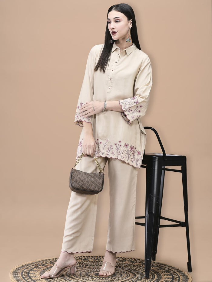 Women Poly Viscose Beige Embroidered Co-Ord Set.