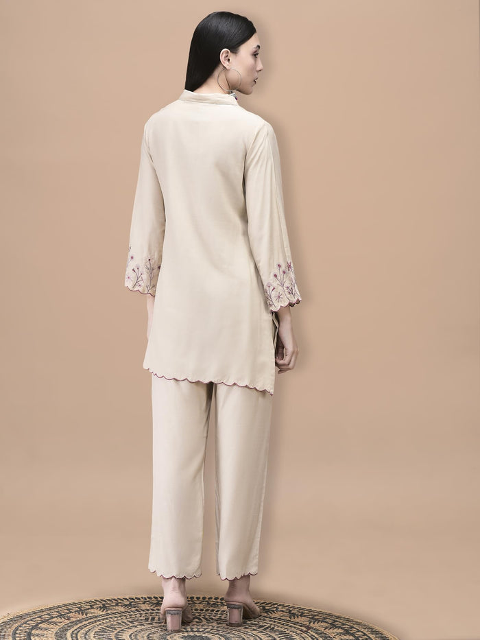Women Poly Viscose Beige Embroidered Co-Ord Set.