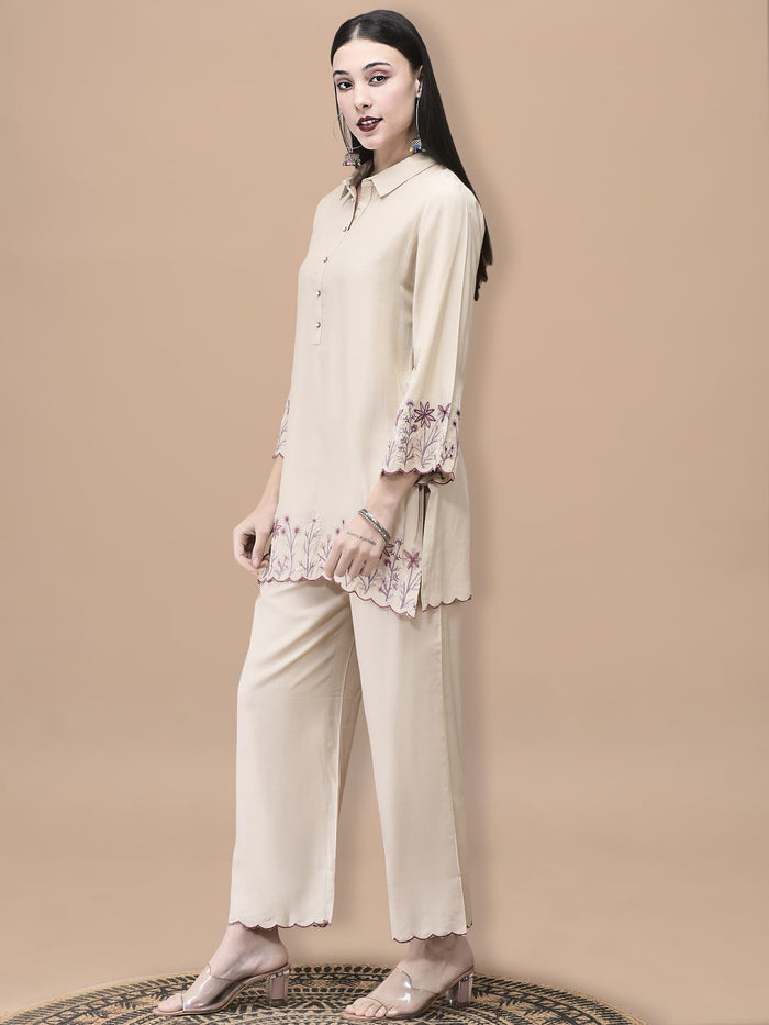 Women Poly Viscose Beige Embroidered Co-Ord Set.