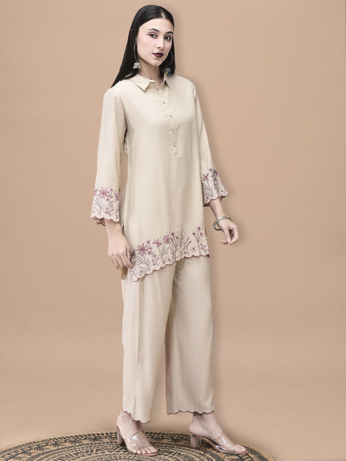 Women Poly Viscose Beige Embroidered Co-Ord Set.