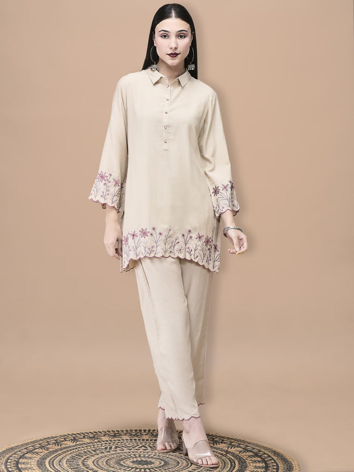 Women Poly Viscose Beige Embroidered Co-Ord Set.