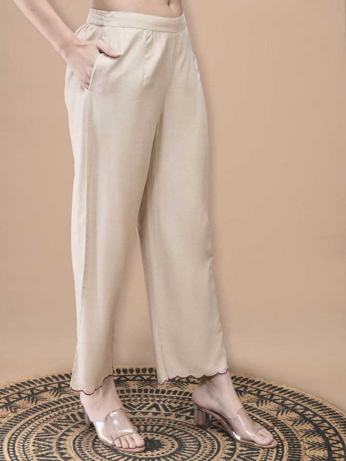 Women Poly Viscose Beige Embroidered Co-Ord Set.